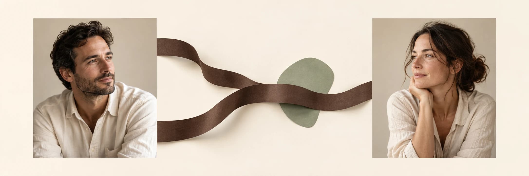 Two portrait panels connected by winding paper paths