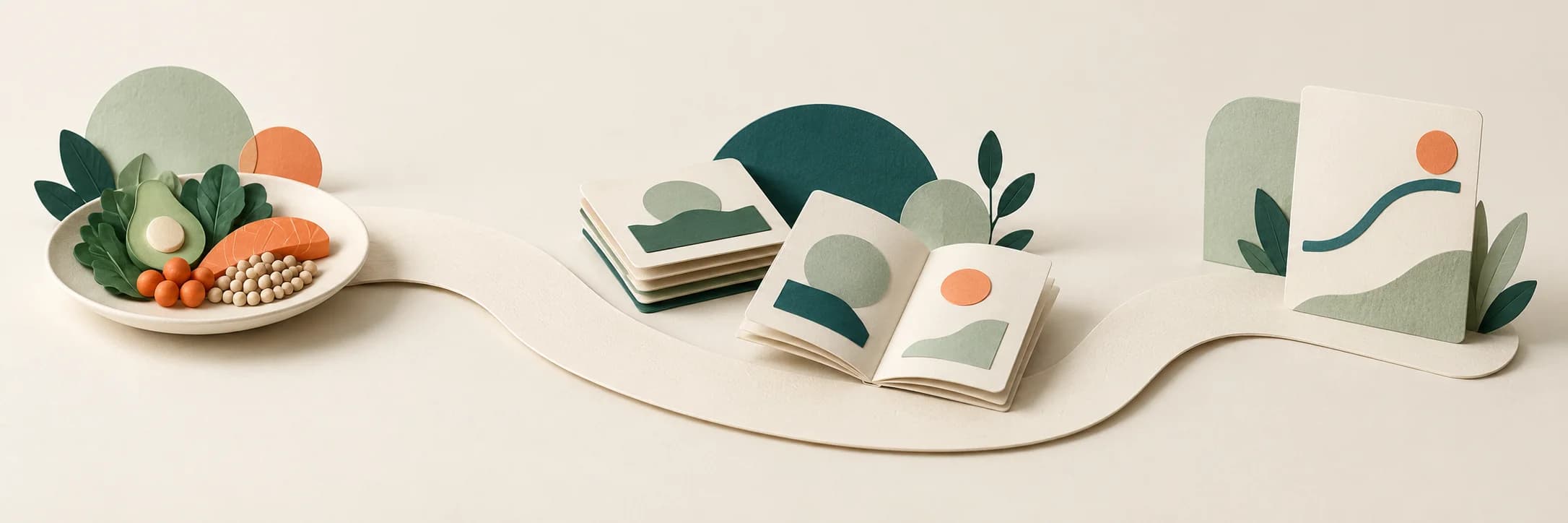 A paper path connects everyday food, learning cards and a personal plan