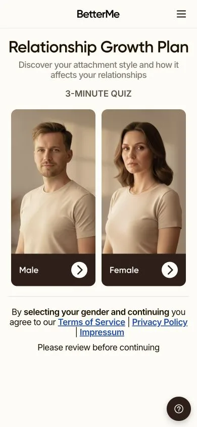 BetterMe’s Relationship Growth Plan quiz entry screen
